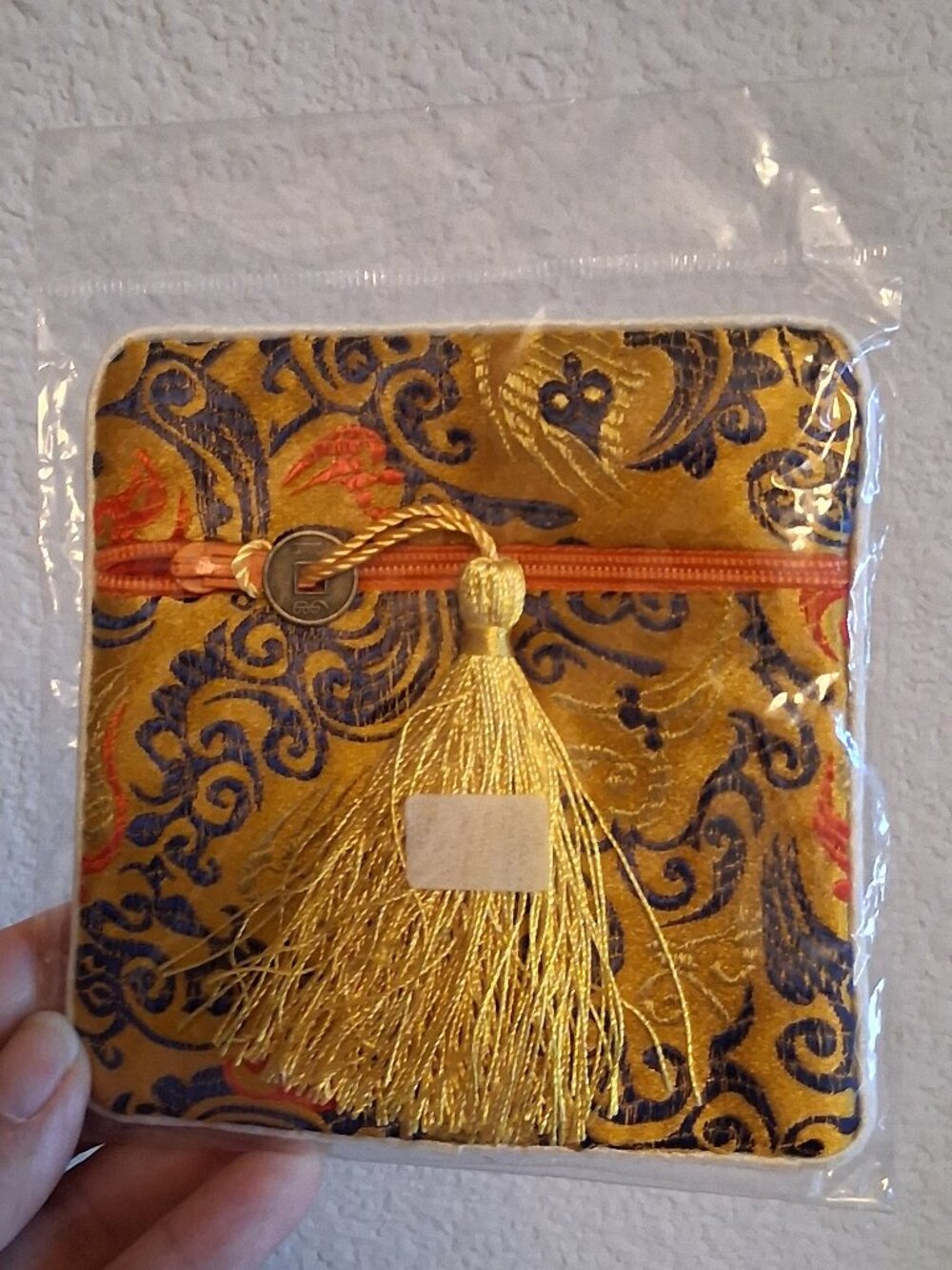 Gold Blue Brocade Silk? Embroidery Pouch Coin Purse zipper tassel New sealed